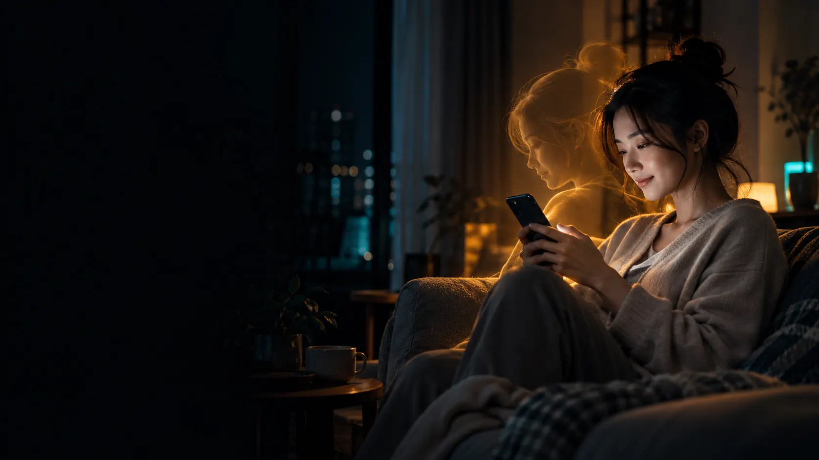 一位顧客身旁浮現半透明的數位分身，分身連結著偏好與紀錄的光點